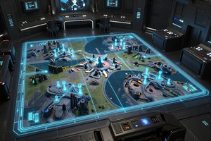 Axisfleet Council - tactical sci-fi strategy game cover showing a holographic alien battle map in a futuristic war room