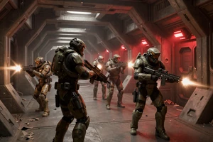 Redline Breakout - co-op sci-fi shooter cover art showing an armored squad breaching an alien base under red emergency lighting