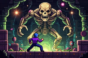 Undercrypt Wake - pixel art roguelite dungeon crawler cover showing a hero facing a skeletal boss in a glowing underground crypt