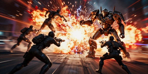 Instant-Start Action collection banner - explosive combat scene with mechs and soldiers amid fire and energy effects