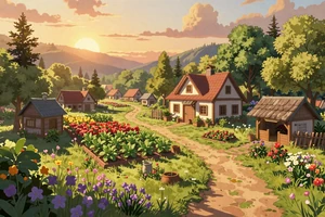 Cloverhouse County - cozy indie farming simulation cover art with a magical valley village at golden sunset
