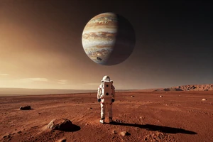 Distant Harbor Survey - open world space exploration game cover showing an astronaut on a red planet surface gazing at a gas giant