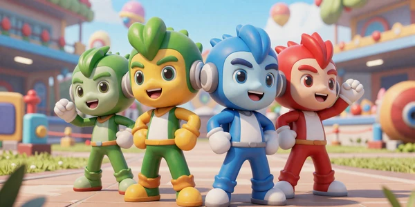 Friend-Ready Weekend Games collection banner - four colorful cartoon heroes standing together in a vibrant arena