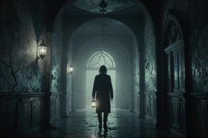 Gilded Gatehouse - atmospheric horror puzzle game cover showing a lantern-bearer in a foggy gothic mansion corridor