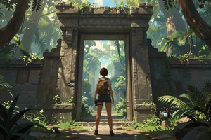 Dead Air Chapel - narrative adventure game cover art showing an explorer at a glowing ancient portal in jungle ruins