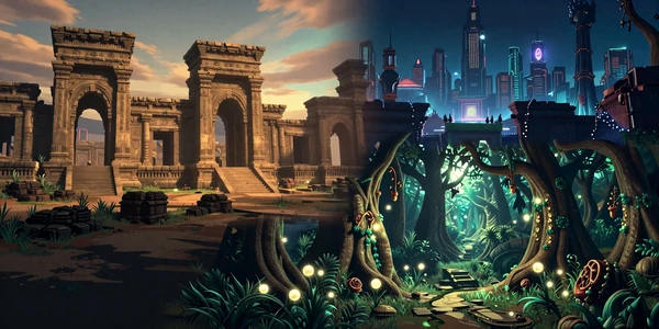 Character-Heavy Campaigns collection banner - a cinematic collage of ancient ruins, a futuristic city, and an enchanted forest