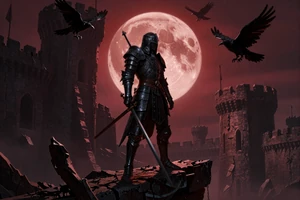 Emberwick Reliquary - dark fantasy RPG cover art featuring an armored warrior beneath a crimson moon