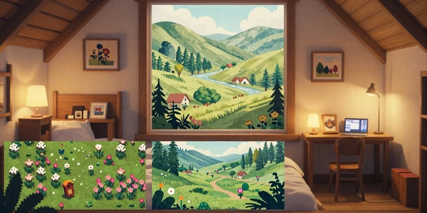 Soft Landing Indie Picks collection banner - cozy cabin interior, pixel art garden, and watercolor hills in warm amber tones